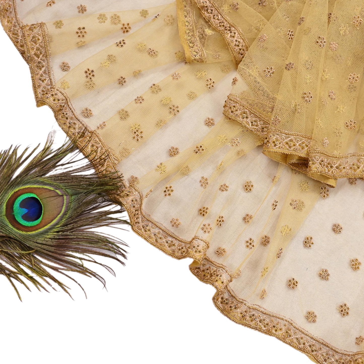 Indian Vintage Heavy Yellow Dupatta Net Mesh Long Stole Hand Embroidered Scarves Golden Zardozi Dabka Zari Stole