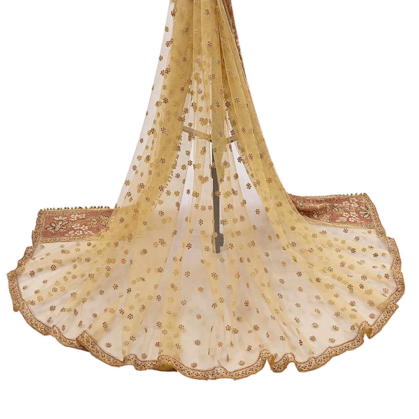 Indian Vintage Heavy Yellow Dupatta Net Mesh Long Stole Hand Embroidered Scarves Golden Zardozi Dabka Zari Stole