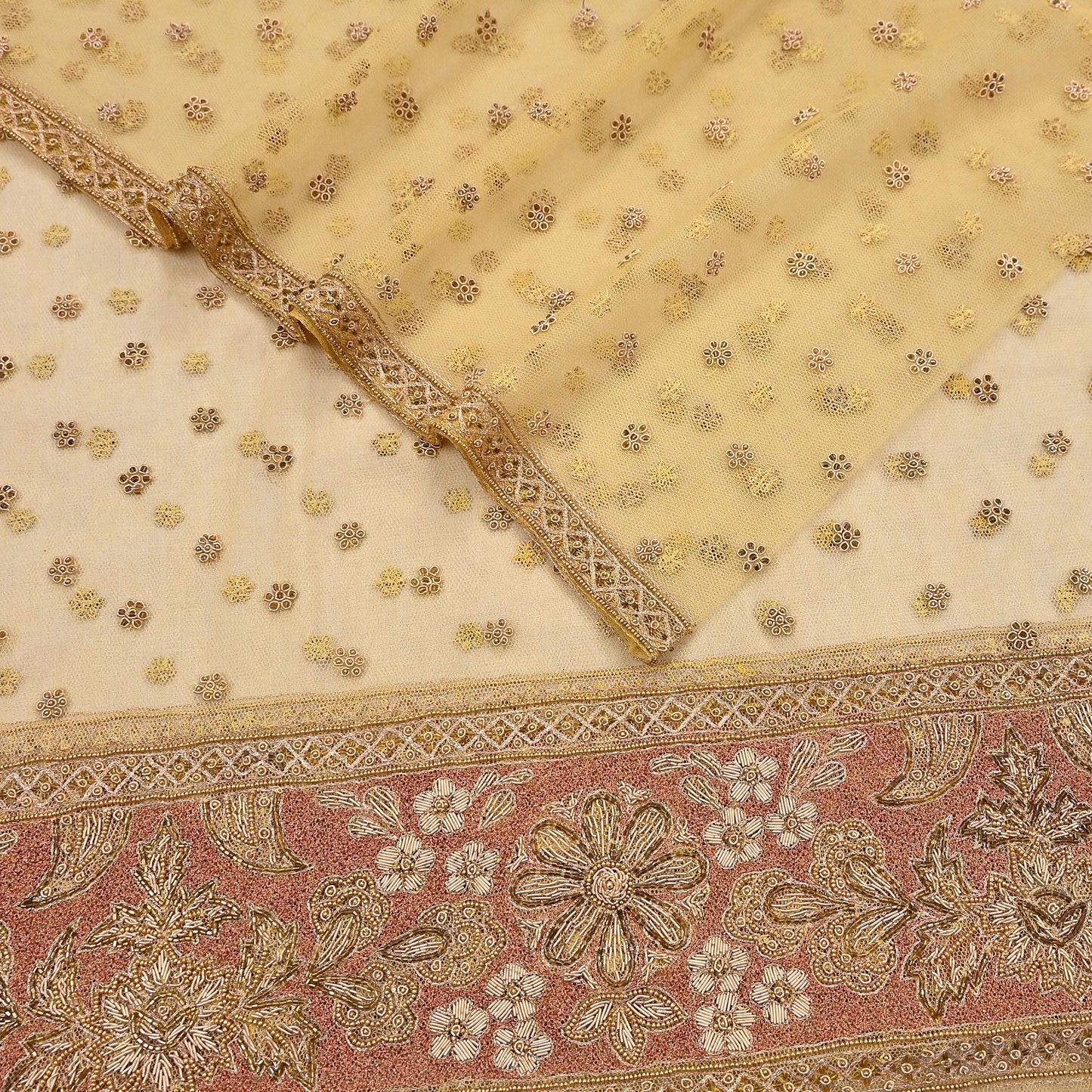 Indian Vintage Heavy Yellow Dupatta Net Mesh Long Stole Hand Embroidered Scarves Golden Zardozi Dabka Zari Stole