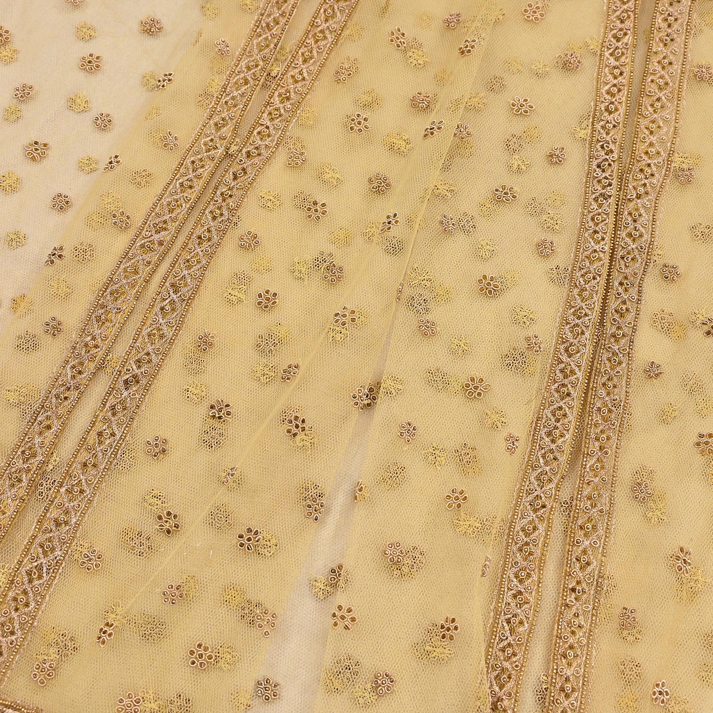 Indian Vintage Heavy Yellow Dupatta Net Mesh Long Stole Hand Embroidered Scarves Golden Zardozi Dabka Zari Stole