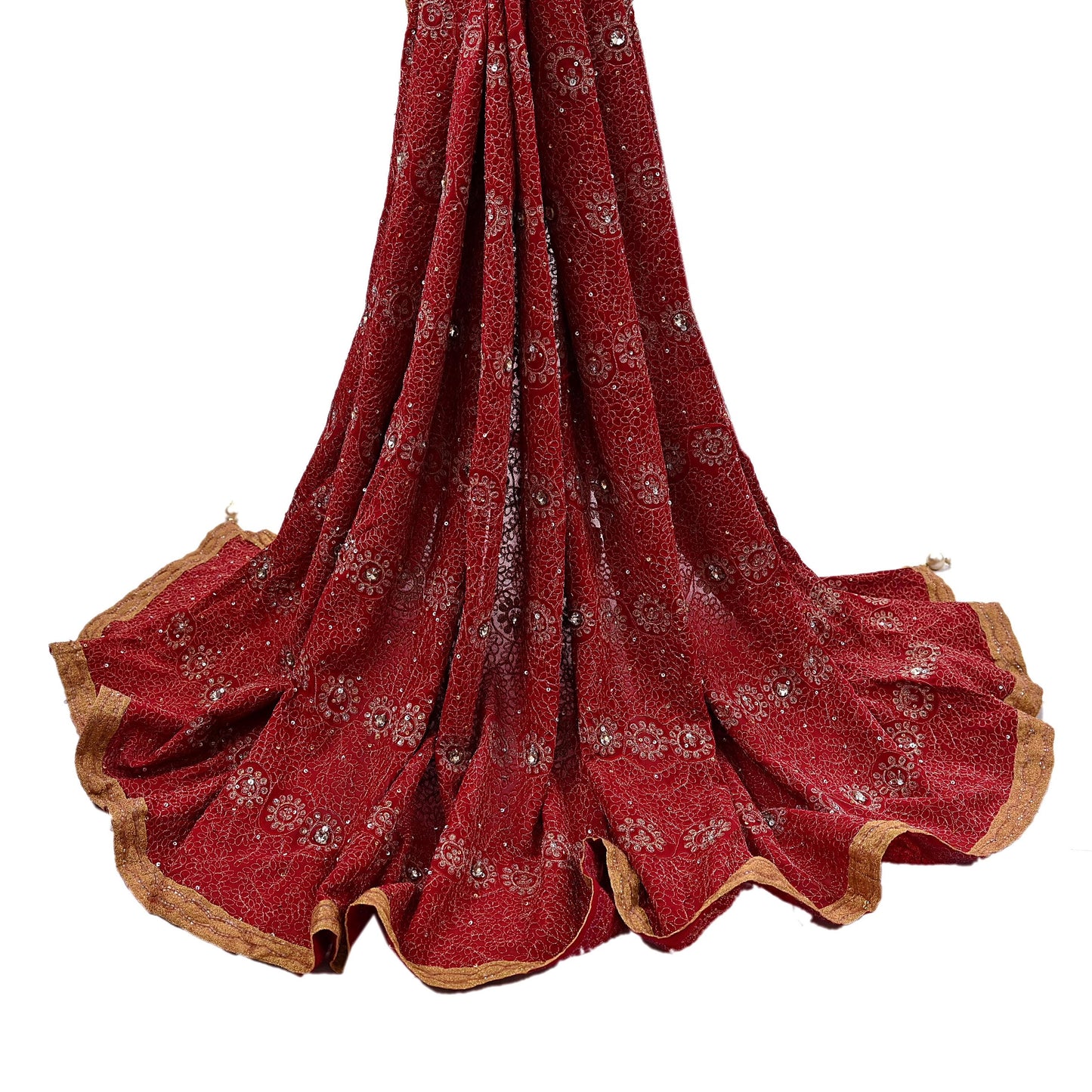 Indian Vintage Heavy Bridal Red Dupatta Pure Georgette Silk Long Stole Hand Embroidered Scarf Zardozi/Dabka Wedding red Hijab veil