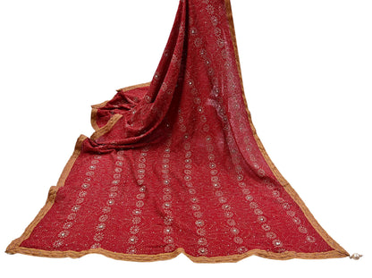 Indian Vintage Heavy Bridal Red Dupatta Pure Georgette Silk Long Stole Hand Embroidered Scarf Zardozi/Dabka Wedding red Hijab veil