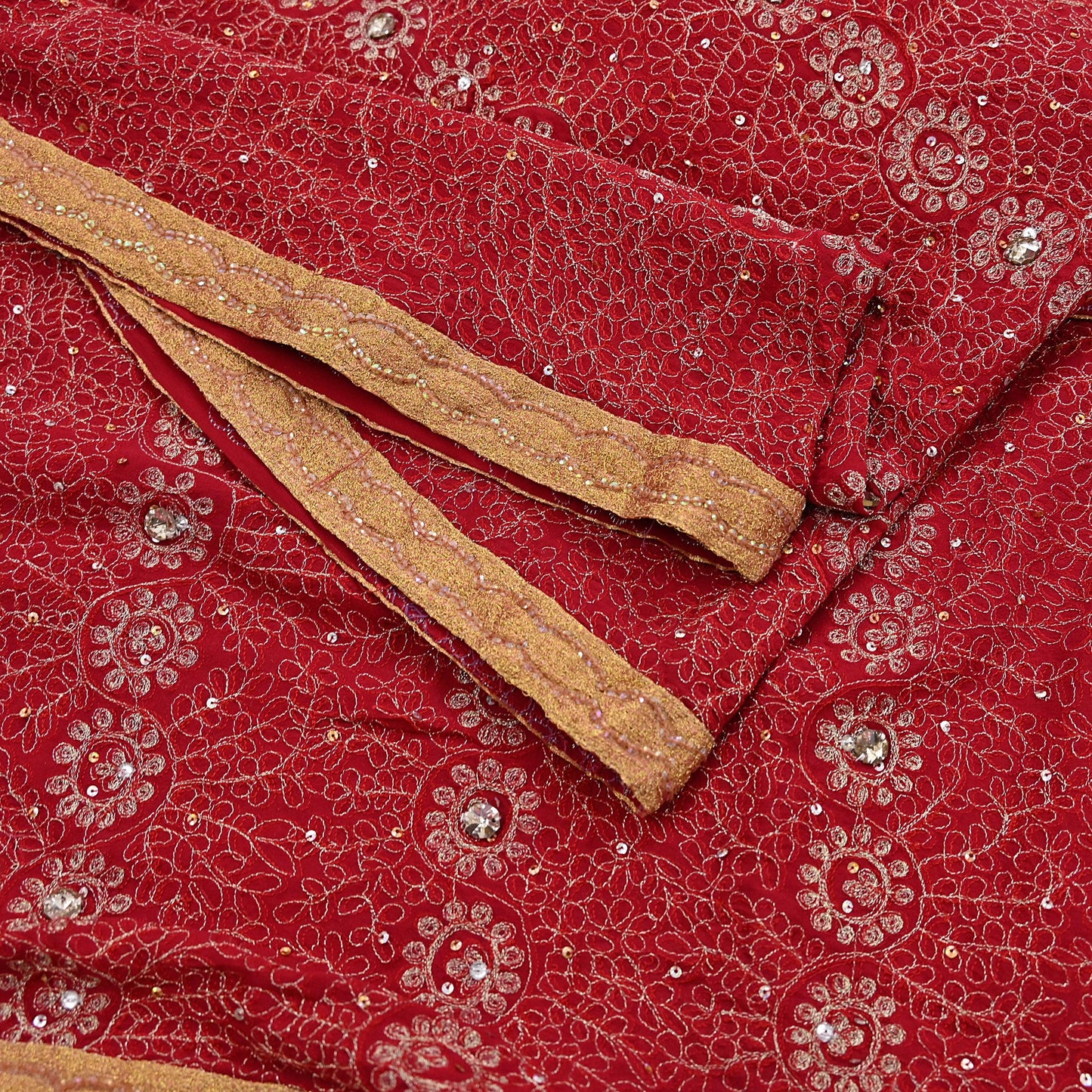 Indian Vintage Heavy Bridal Red Dupatta Pure Georgette Silk Long Stole Hand Embroidered Scarf Zardozi/Dabka Wedding red Hijab veil