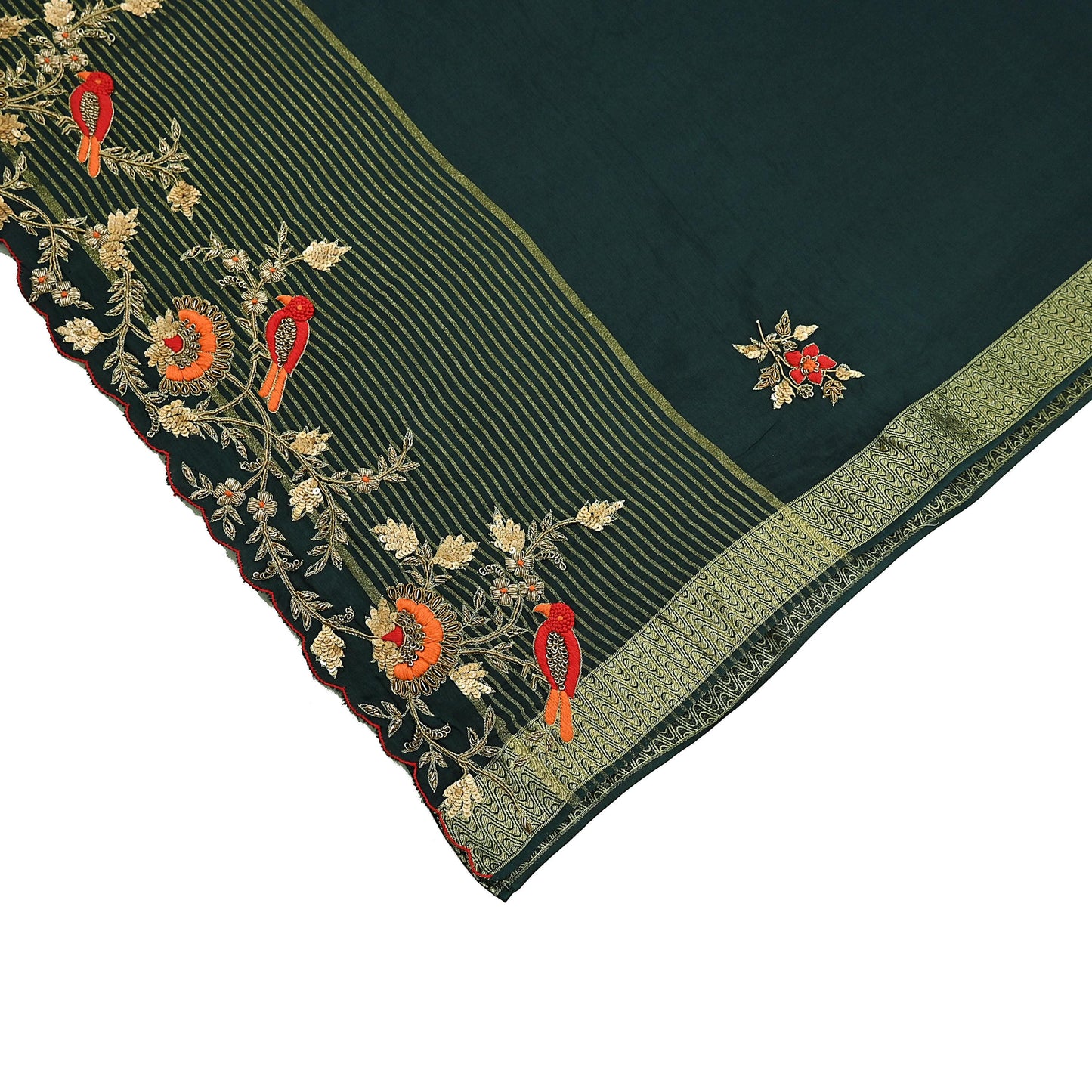 Indian Vintage Heavy Sarees Bottle Green Blend Silk Hand Embroidered Sari Fabric 5Yd Sewing Ethnic Sequins, Glass Beaded Wedding sarees