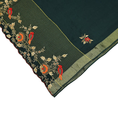 Indian Vintage Heavy Sarees Bottle Green Blend Silk Hand Embroidered Sari Fabric 5Yd Sewing Ethnic Sequins, Glass Beaded Wedding sarees