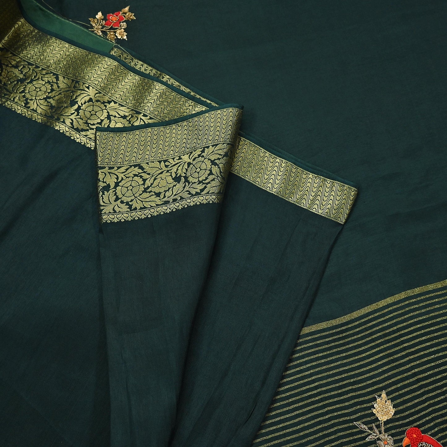Indian Vintage Heavy Sarees Bottle Green Blend Silk Hand Embroidered Sari Fabric 5Yd Sewing Ethnic Sequins, Glass Beaded Wedding sarees