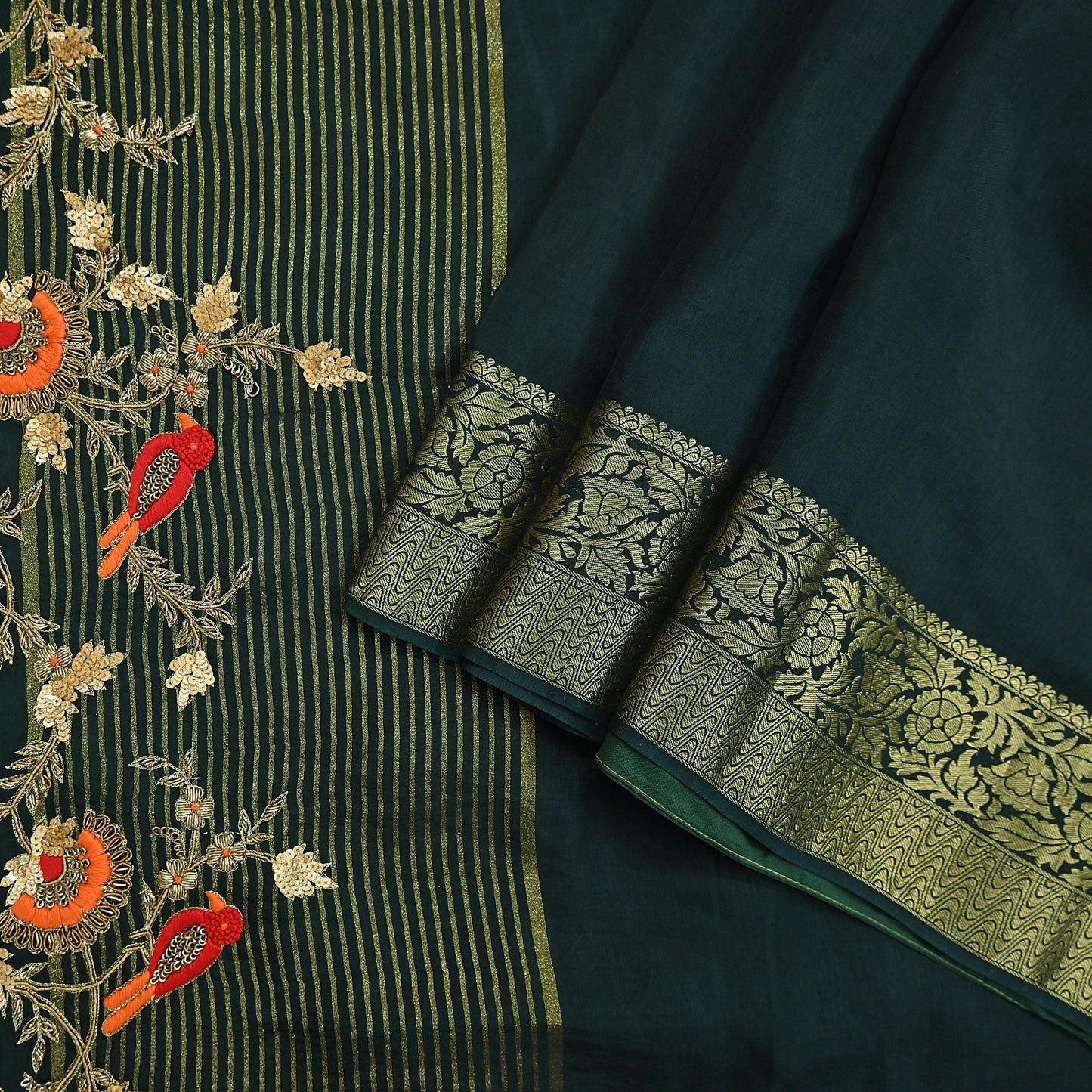 Indian Vintage Heavy Sarees Bottle Green Blend Silk Hand Embroidered Sari Fabric 5Yd Sewing Ethnic Sequins, Glass Beaded Wedding sarees