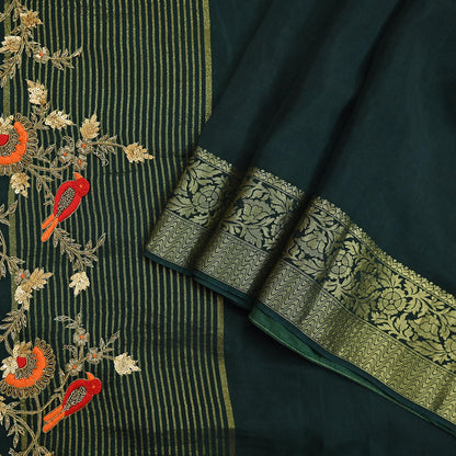 Indian Vintage Heavy Sarees Bottle Green Blend Silk Hand Embroidered Sari Fabric 5Yd Sewing Ethnic Sequins, Glass Beaded Wedding sarees