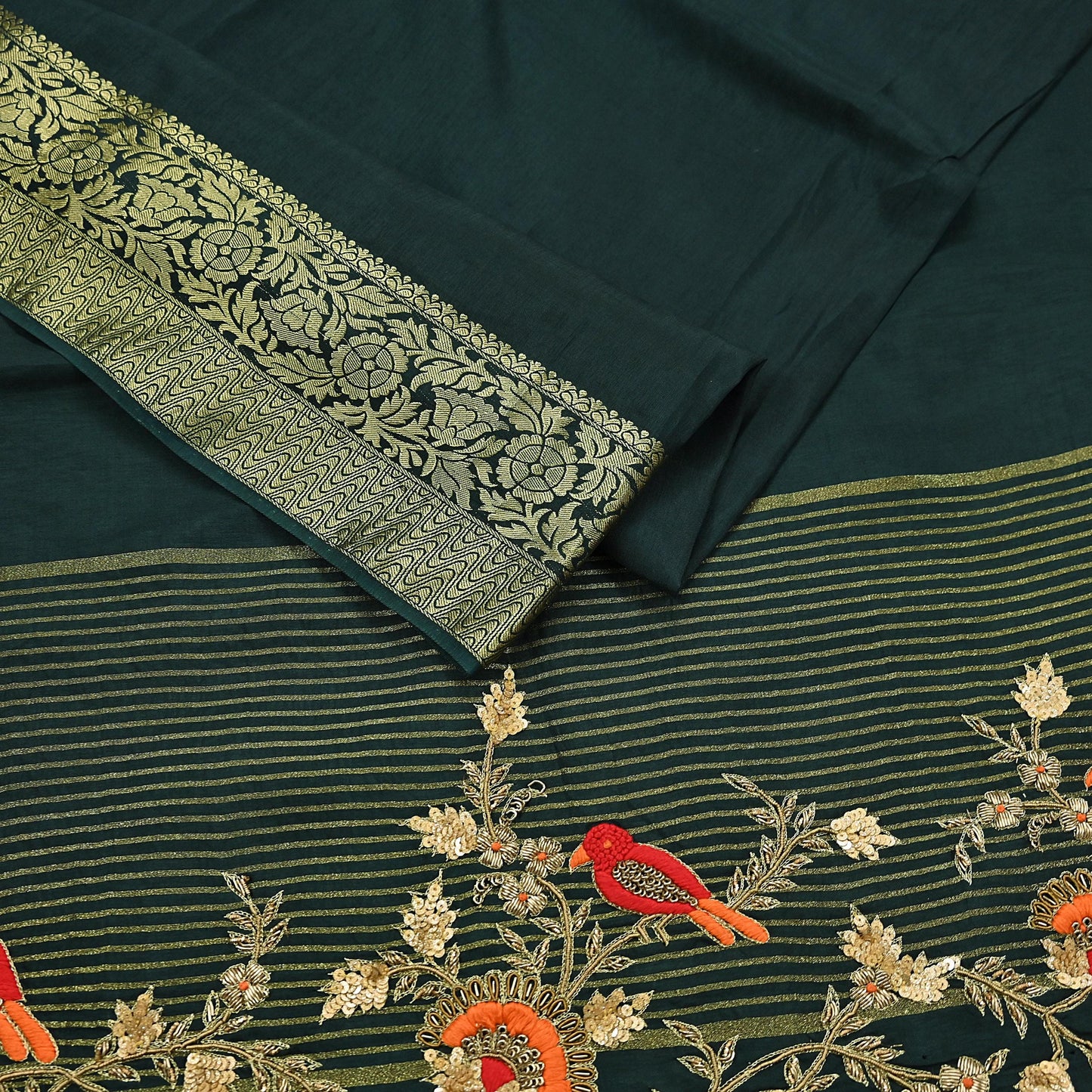 Indian Vintage Heavy Sarees Bottle Green Blend Silk Hand Embroidered Sari Fabric 5Yd Sewing Ethnic Sequins, Glass Beaded Wedding sarees