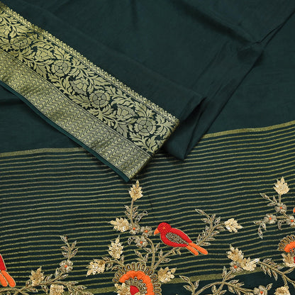 Indian Vintage Heavy Sarees Bottle Green Blend Silk Hand Embroidered Sari Fabric 5Yd Sewing Ethnic Sequins, Glass Beaded Wedding sarees