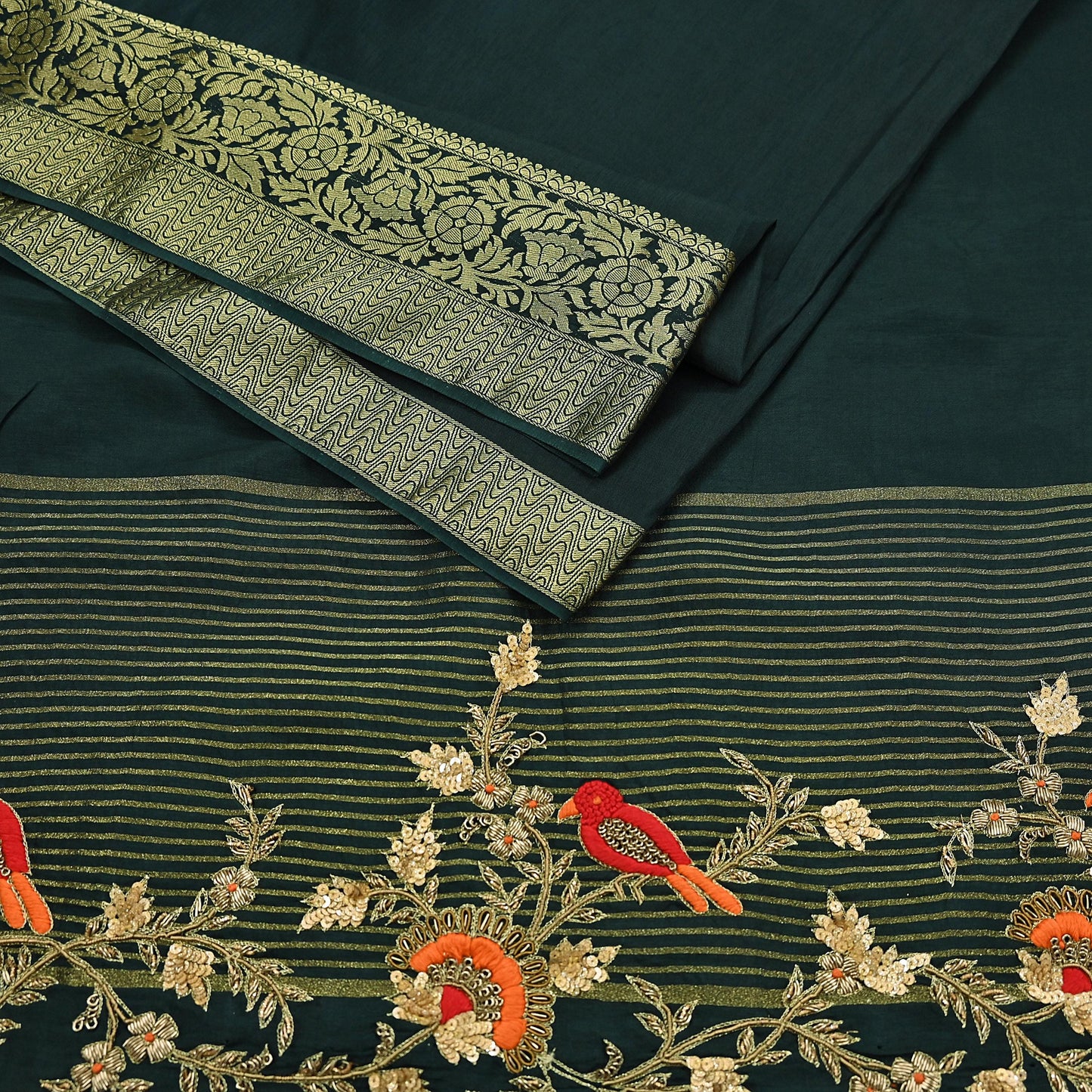 Indian Vintage Heavy Sarees Bottle Green Blend Silk Hand Embroidered Sari Fabric 5Yd Sewing Ethnic Sequins, Glass Beaded Wedding sarees