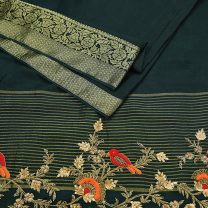 Indian Vintage Heavy Sarees Bottle Green Blend Silk Hand Embroidered Sari Fabric 5Yd Sewing Ethnic Sequins, Glass Beaded Wedding sarees