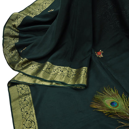 Indian Vintage Heavy Sarees Bottle Green Blend Silk Hand Embroidered Sari Fabric 5Yd Sewing Ethnic Sequins, Glass Beaded Wedding sarees