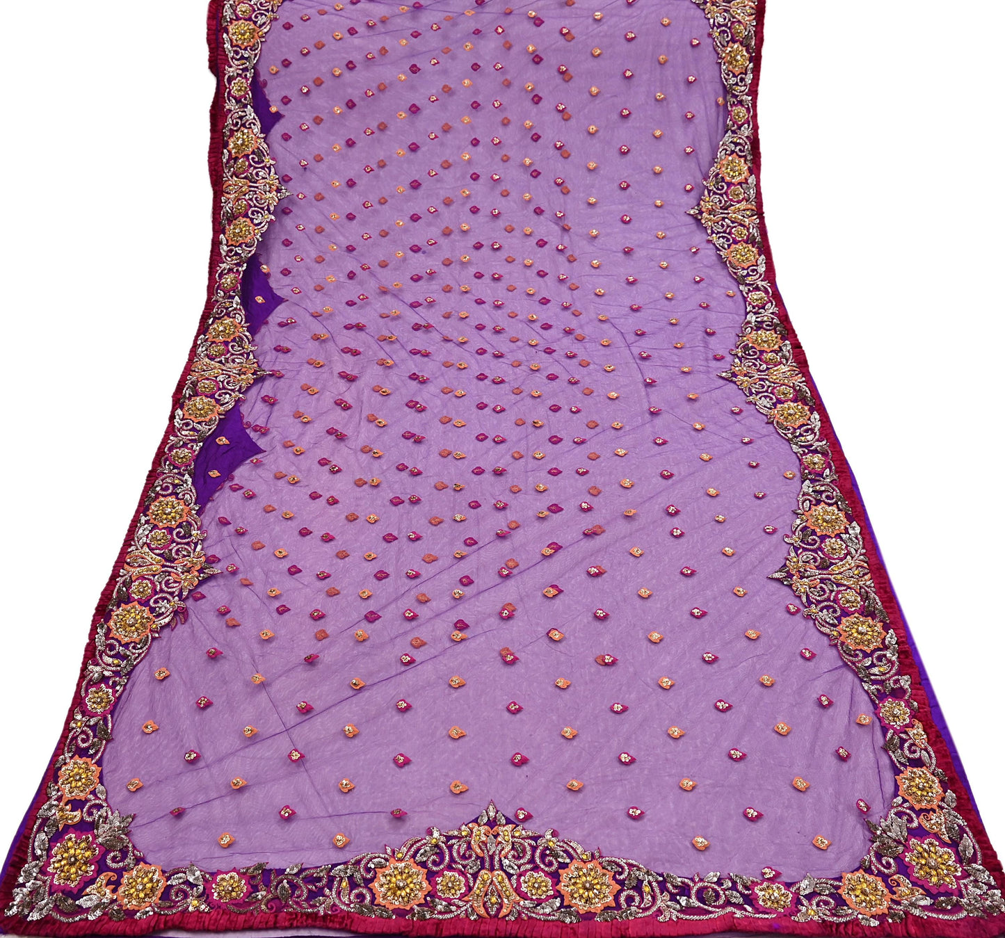 Indian Vintage Heavy Sari Purple Net/Mesh Embroidered Sarees Fabric 5Yd Sewing Soft Green Sequins Floral Zari Bridal/wedding Saris