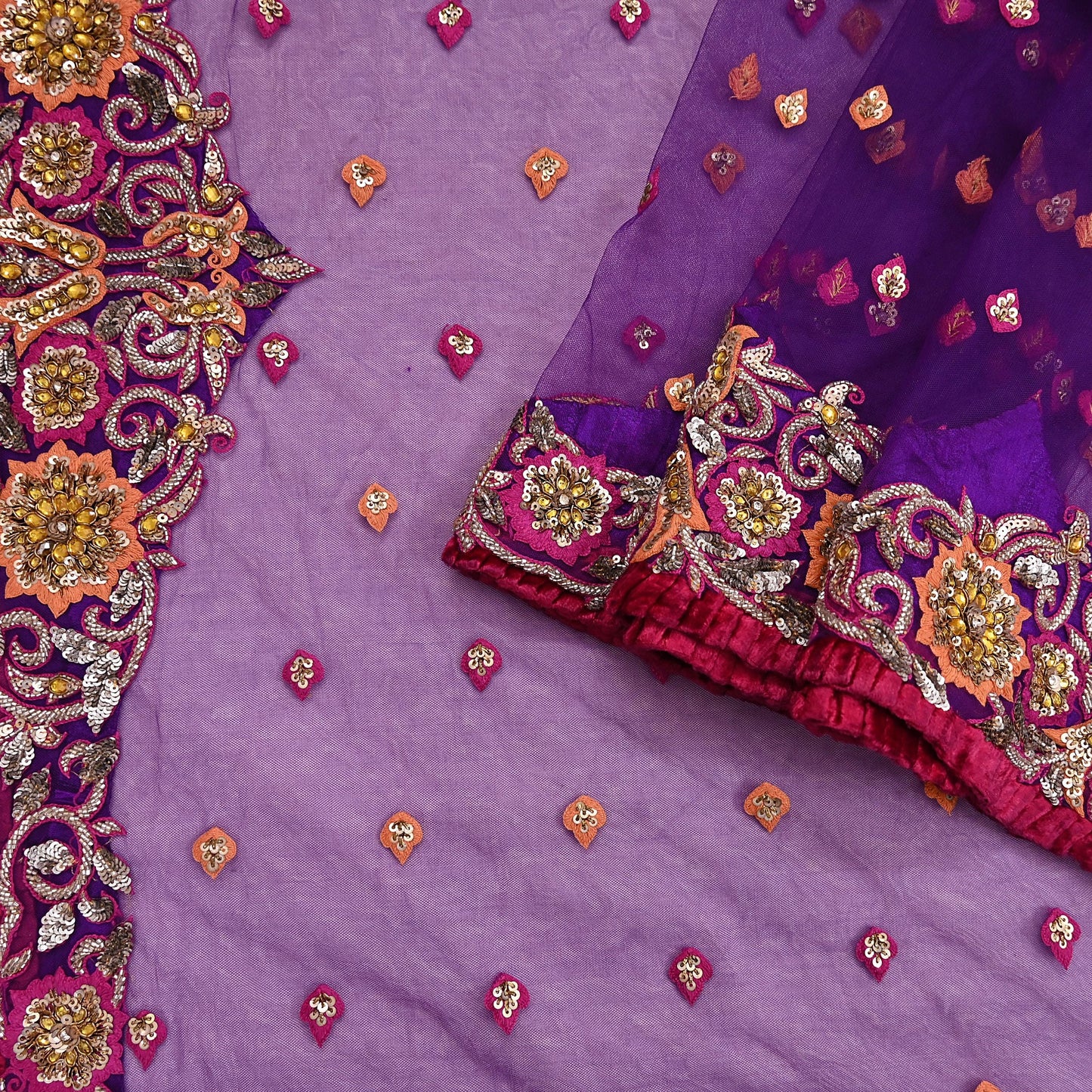 Indian Vintage Heavy Sari Purple Net/Mesh Embroidered Sarees Fabric 5Yd Sewing Soft Green Sequins Floral Zari Bridal/wedding Saris