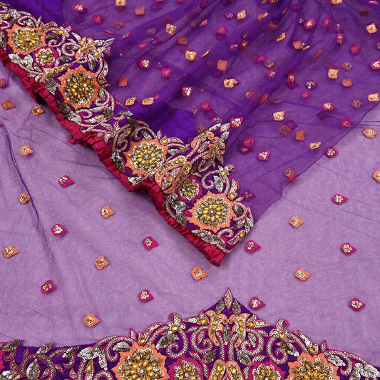 Indian Vintage Heavy Sari Purple Net/Mesh Embroidered Sarees Fabric 5Yd Sewing Soft Green Sequins Floral Zari Bridal/wedding Saris