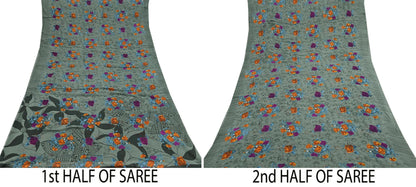 Indian Vintage Sari Green Printed Pure Cotton Saree Craft Fabric 5Yd Sewing Sarong Wrap Boho Floral Crafting Upcycle Quilting Used