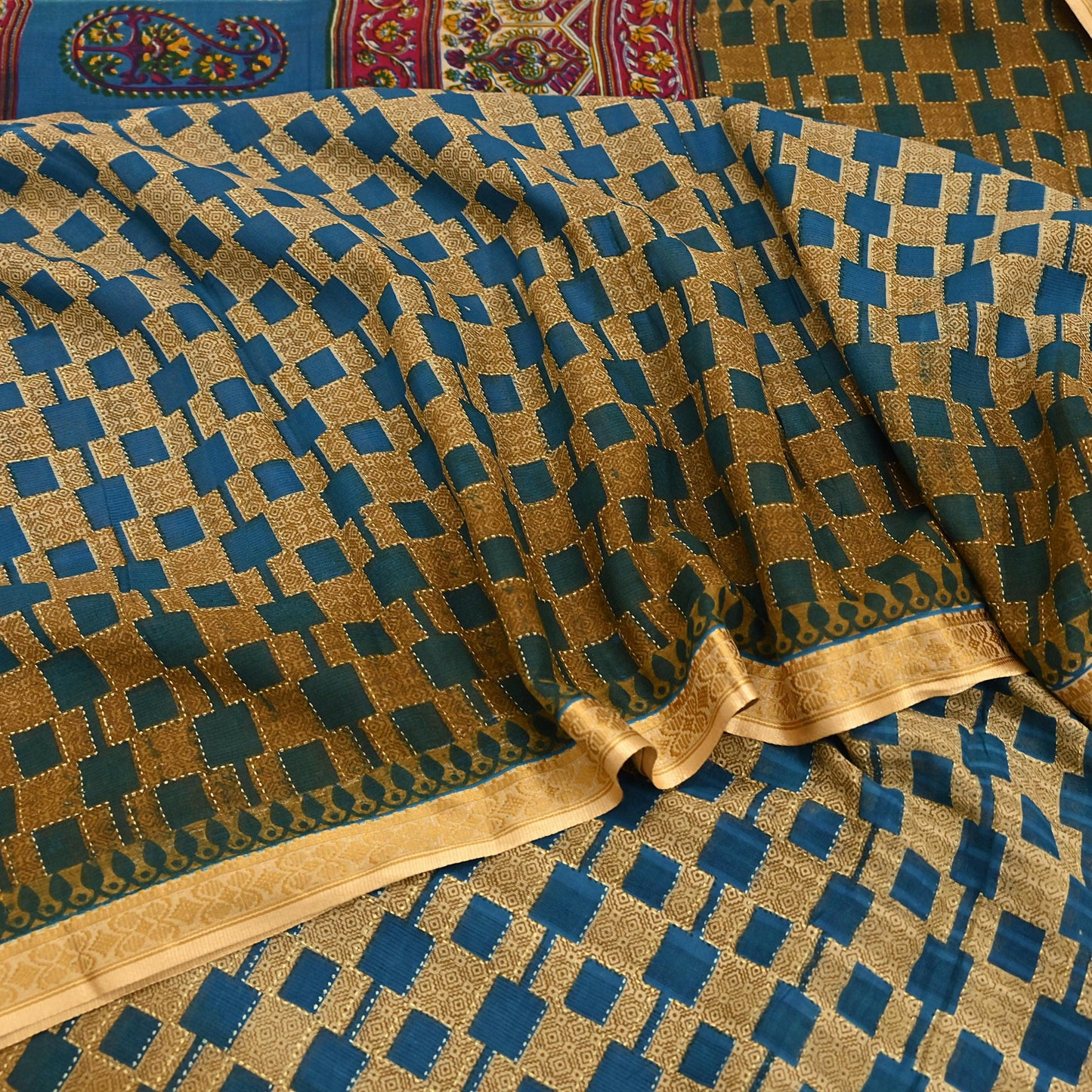 Indian Vintage Sari Blue & Beige Printed Pure Cotton Sarees Craft Fabric 5Yd Soft Sewing Sarong Wrap Boho Floral Quilting Dress making