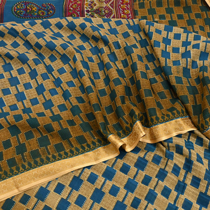 Indian Vintage Sari Blue & Beige Printed Pure Cotton Sarees Craft Fabric 5Yd Soft Sewing Sarong Wrap Boho Floral Quilting Dress making