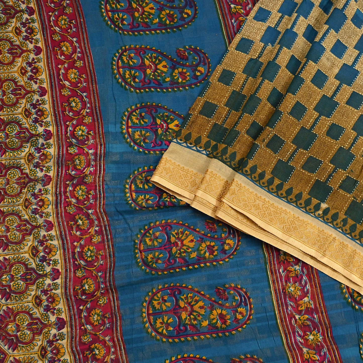 Indian Vintage Sari Blue & Beige Printed Pure Cotton Sarees Craft Fabric 5Yd Soft Sewing Sarong Wrap Boho Floral Quilting Dress making