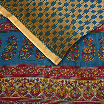 Indian Vintage Sari Blue & Beige Printed Pure Cotton Sarees Craft Fabric 5Yd Soft Sewing Sarong Wrap Boho Floral Quilting Dress making