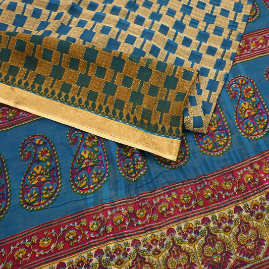 Indian Vintage Sari Blue & Beige Printed Pure Cotton Sarees Craft Fabric 5Yd Soft Sewing Sarong Wrap Boho Floral Quilting Dress making