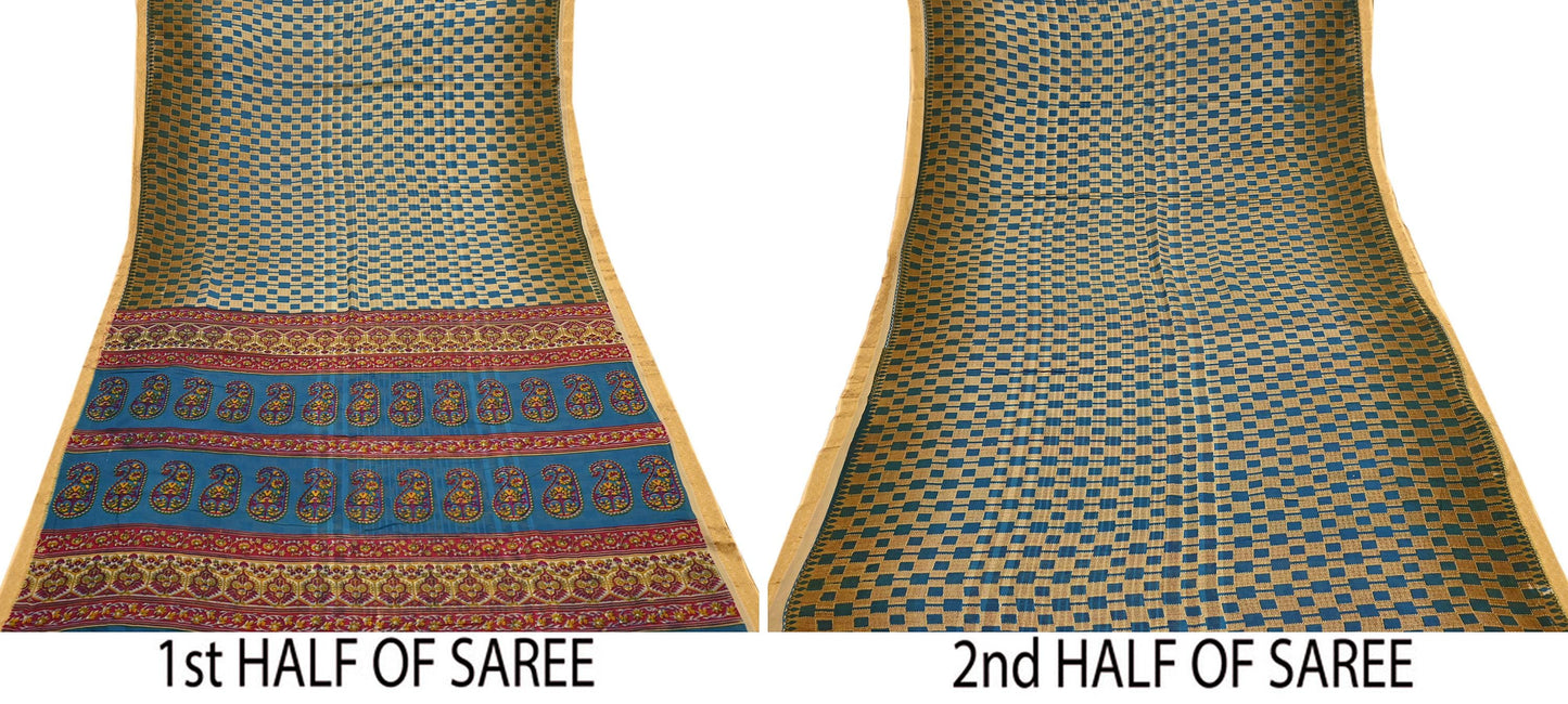 Indian Vintage Sari Blue & Beige Printed Pure Cotton Sarees Craft Fabric 5Yd Soft Sewing Sarong Wrap Boho Floral Quilting Dress making
