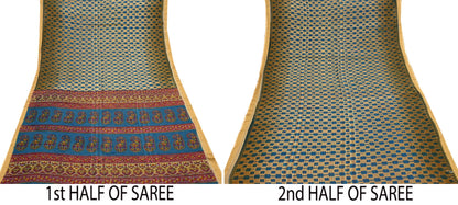 Indian Vintage Sari Blue & Beige Printed Pure Cotton Sarees Craft Fabric 5Yd Soft Sewing Sarong Wrap Boho Floral Quilting Dress making
