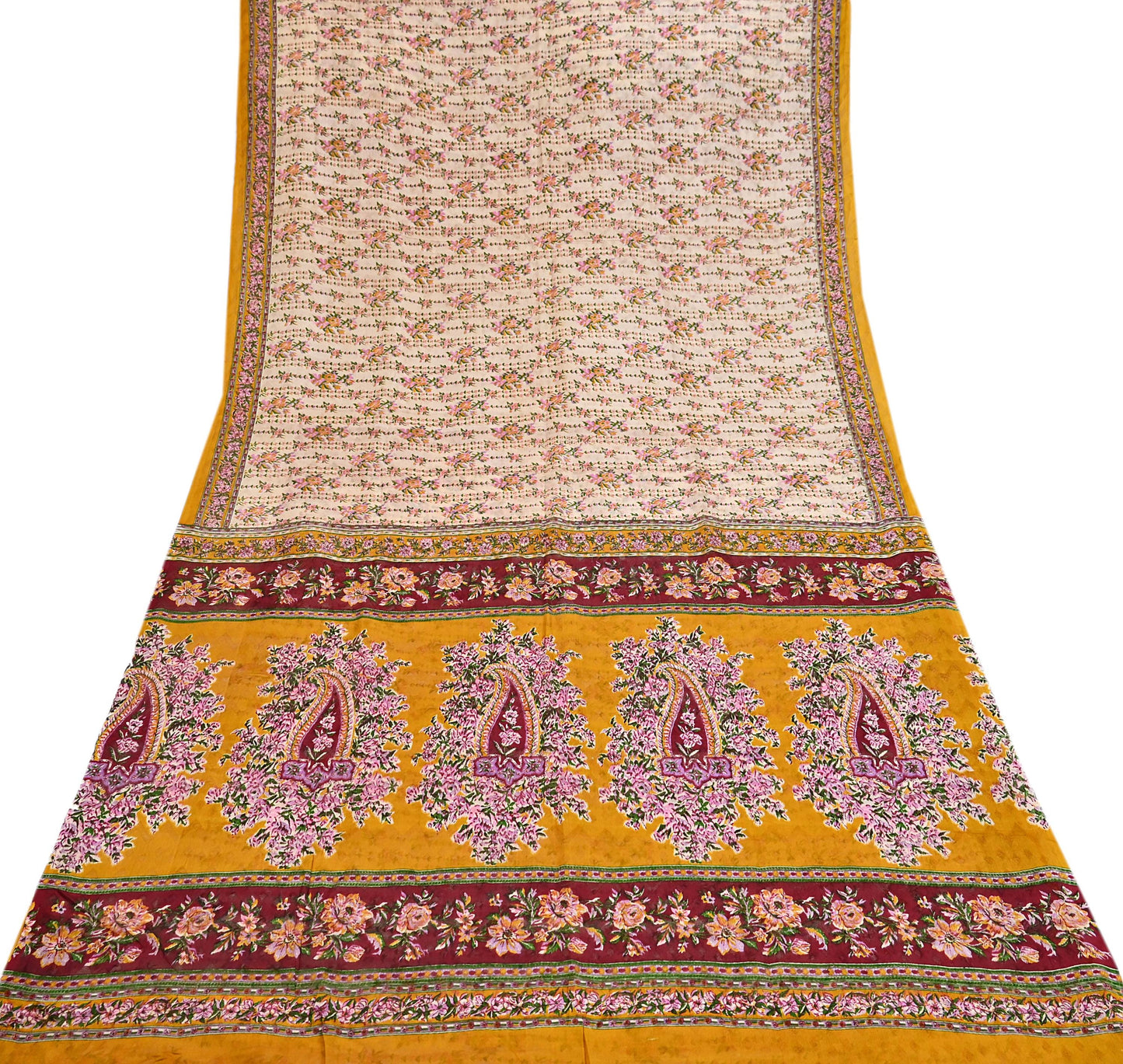 Indian Vintage Sari Ivory & Mustard Printed Pure Silk Sarees 6yd Sewing Craft Fabric DressMaking Soft Wrap Upcycle Quilting Crafting Used