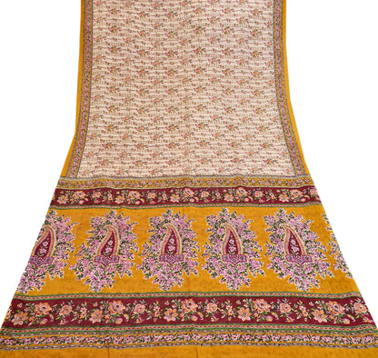 Indian Vintage Sari Ivory & Mustard Printed Pure Silk Sarees 6yd Sewing Craft Fabric DressMaking Soft Wrap Upcycle Quilting Crafting Used