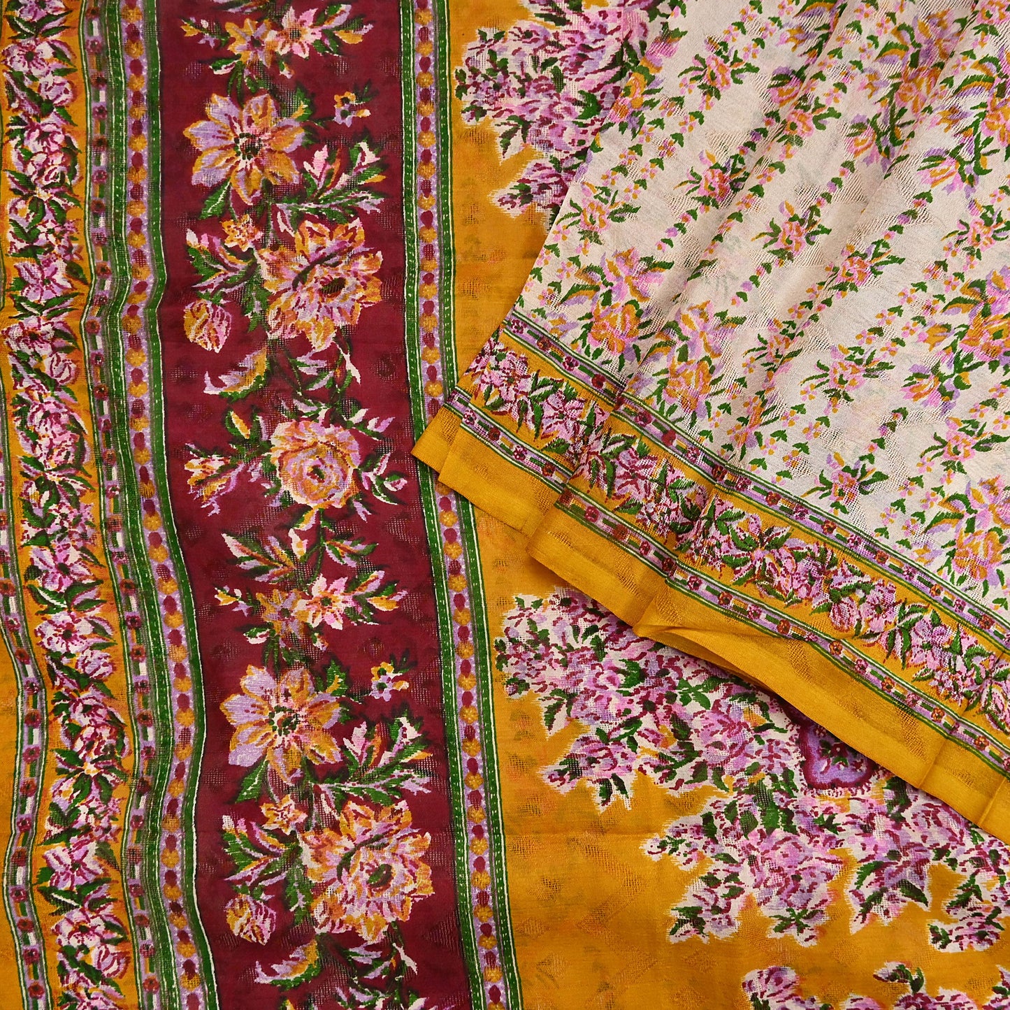 Indian Vintage Sari Ivory & Mustard Printed Pure Silk Sarees 6yd Sewing Craft Fabric DressMaking Soft Wrap Upcycle Quilting Crafting Used