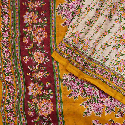 Indian Vintage Sari Ivory & Mustard Printed Pure Silk Sarees 6yd Sewing Craft Fabric DressMaking Soft Wrap Upcycle Quilting Crafting Used