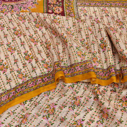 Indian Vintage Sari Ivory & Mustard Printed Pure Silk Sarees 6yd Sewing Craft Fabric DressMaking Soft Wrap Upcycle Quilting Crafting Used