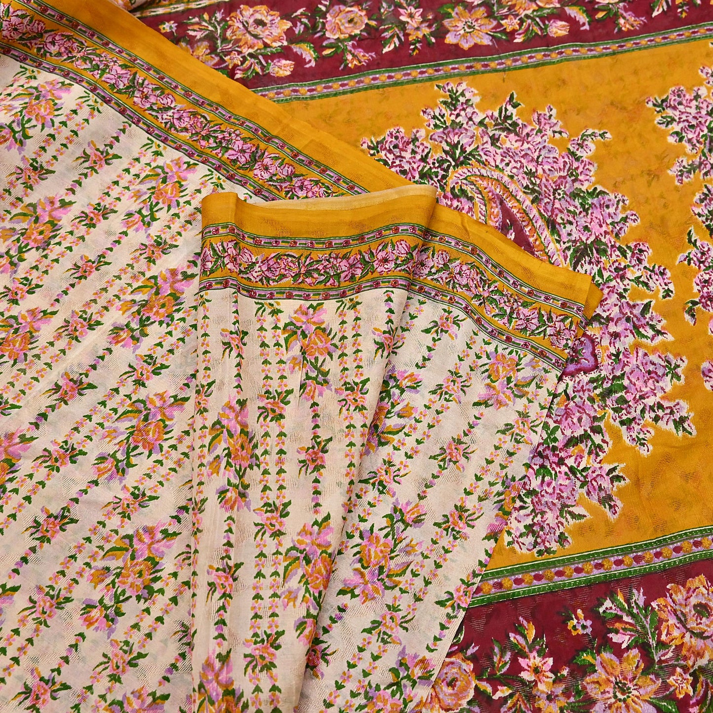 Indian Vintage Sari Ivory & Mustard Printed Pure Silk Sarees 6yd Sewing Craft Fabric DressMaking Soft Wrap Upcycle Quilting Crafting Used