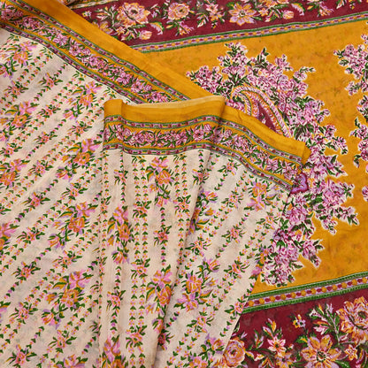 Indian Vintage Sari Ivory & Mustard Printed Pure Silk Sarees 6yd Sewing Craft Fabric DressMaking Soft Wrap Upcycle Quilting Crafting Used