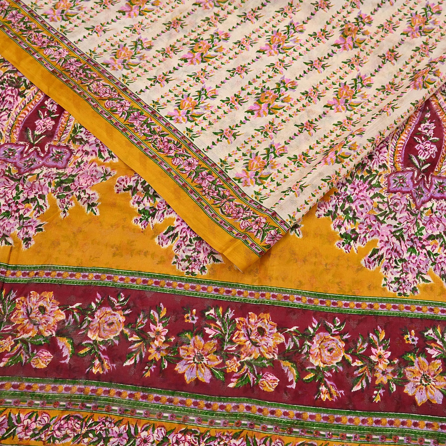 Indian Vintage Sari Ivory & Mustard Printed Pure Silk Sarees 6yd Sewing Craft Fabric DressMaking Soft Wrap Upcycle Quilting Crafting Used