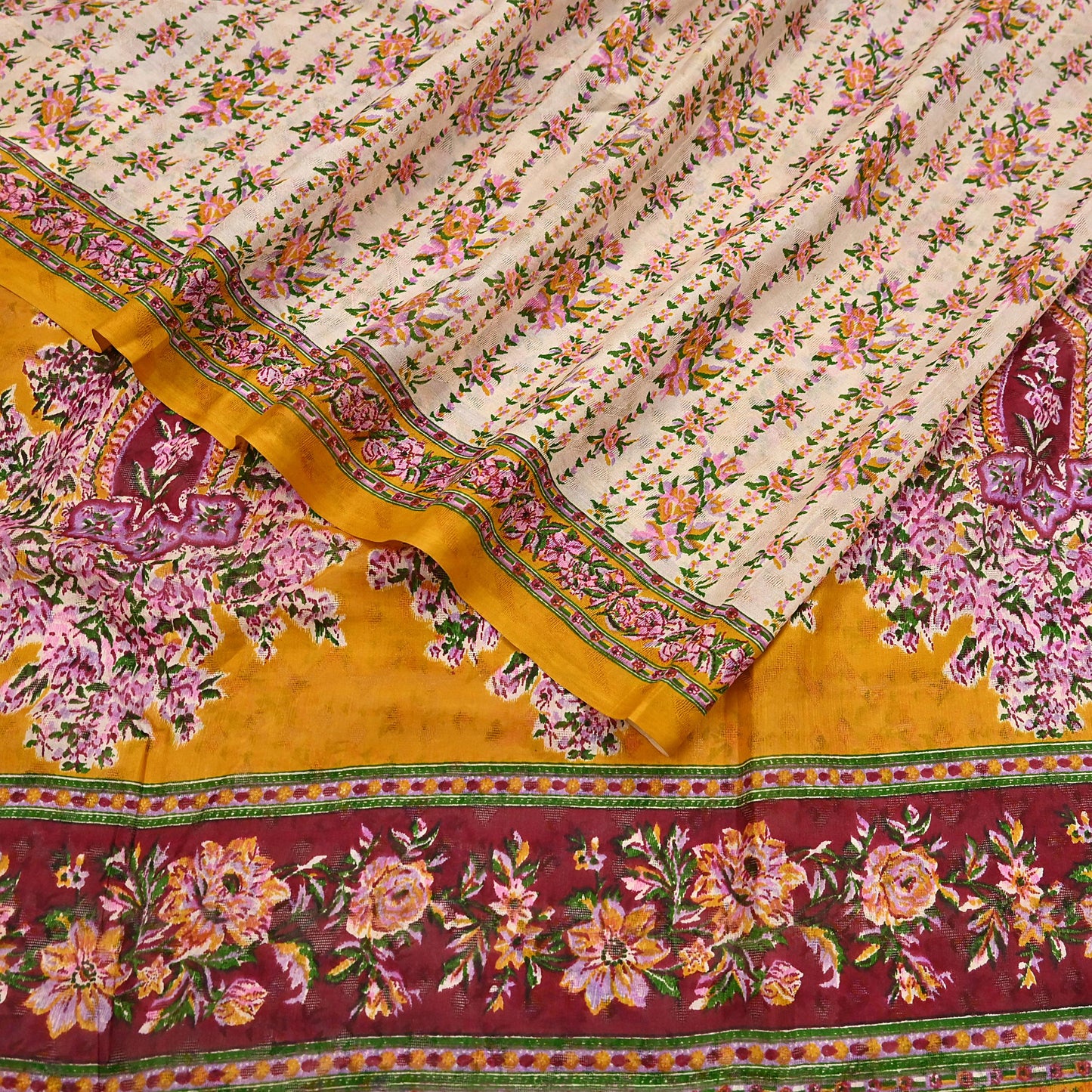 Indian Vintage Sari Ivory & Mustard Printed Pure Silk Sarees 6yd Sewing Craft Fabric DressMaking Soft Wrap Upcycle Quilting Crafting Used