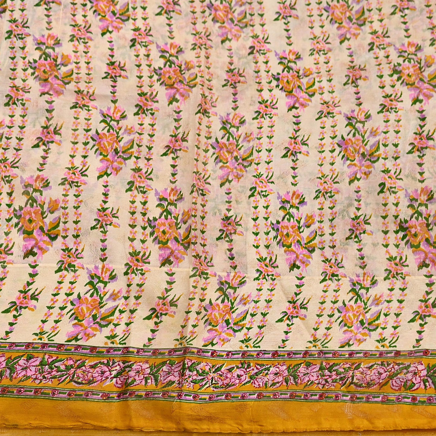 Indian Vintage Sari Ivory & Mustard Printed Pure Silk Sarees 6yd Sewing Craft Fabric DressMaking Soft Wrap Upcycle Quilting Crafting Used
