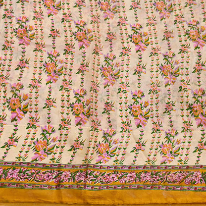 Indian Vintage Sari Ivory & Mustard Printed Pure Silk Sarees 6yd Sewing Craft Fabric DressMaking Soft Wrap Upcycle Quilting Crafting Used