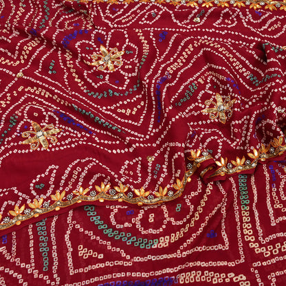 Indian Vintage Red Saree Pure Silk Hand Embroidered Bandhani Printed Sari Craft Fabric 5yd Soft Sequins Dress making Crafting Quilting