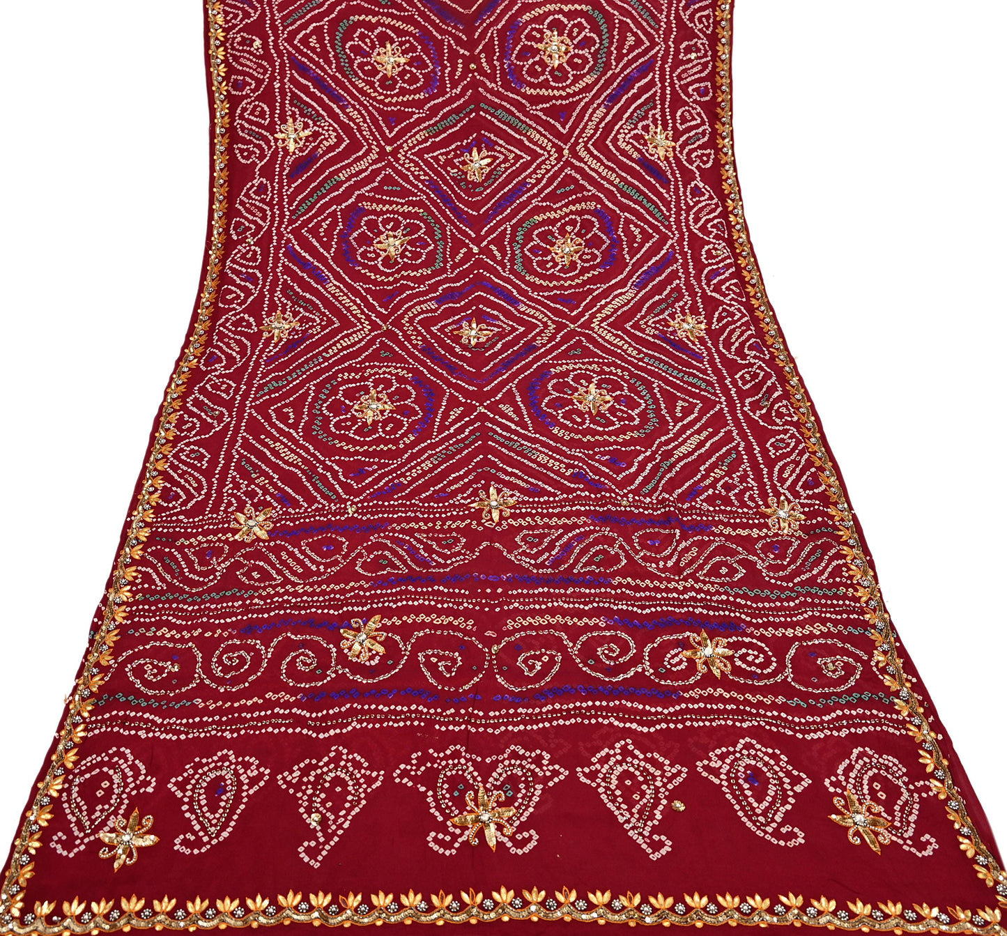 Indian Vintage Red Saree Pure Silk Hand Embroidered Bandhani Printed Sari Craft Fabric 5yd Soft Sequins Dress making Crafting Quilting