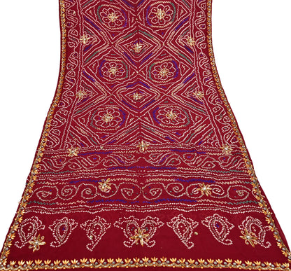 Indian Vintage Red Saree Pure Silk Hand Embroidered Bandhani Printed Sari Craft Fabric 5yd Soft Sequins Dress making Crafting Quilting
