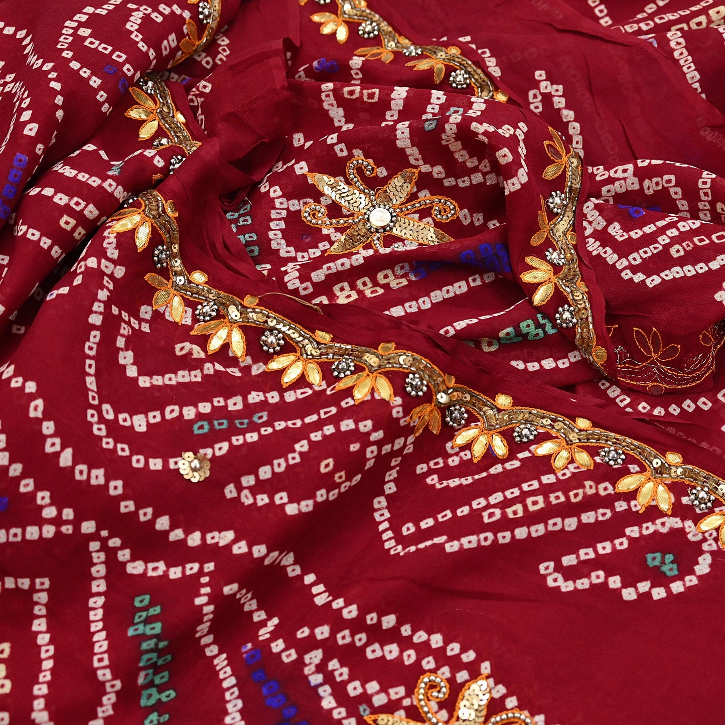 Indian Vintage Red Saree Pure Silk Hand Embroidered Bandhani Printed Sari Craft Fabric 5yd Soft Sequins Dress making Crafting Quilting