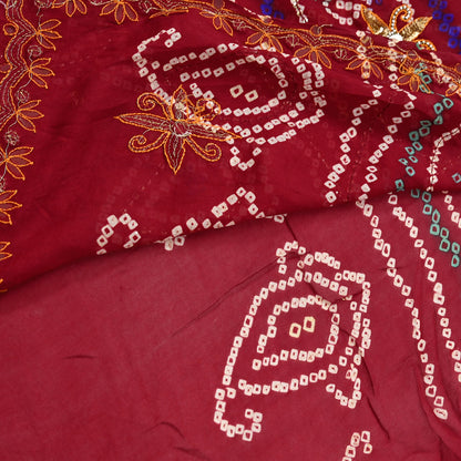Indian Vintage Red Saree Pure Silk Hand Embroidered Bandhani Printed Sari Craft Fabric 5yd Soft Sequins Dress making Crafting Quilting