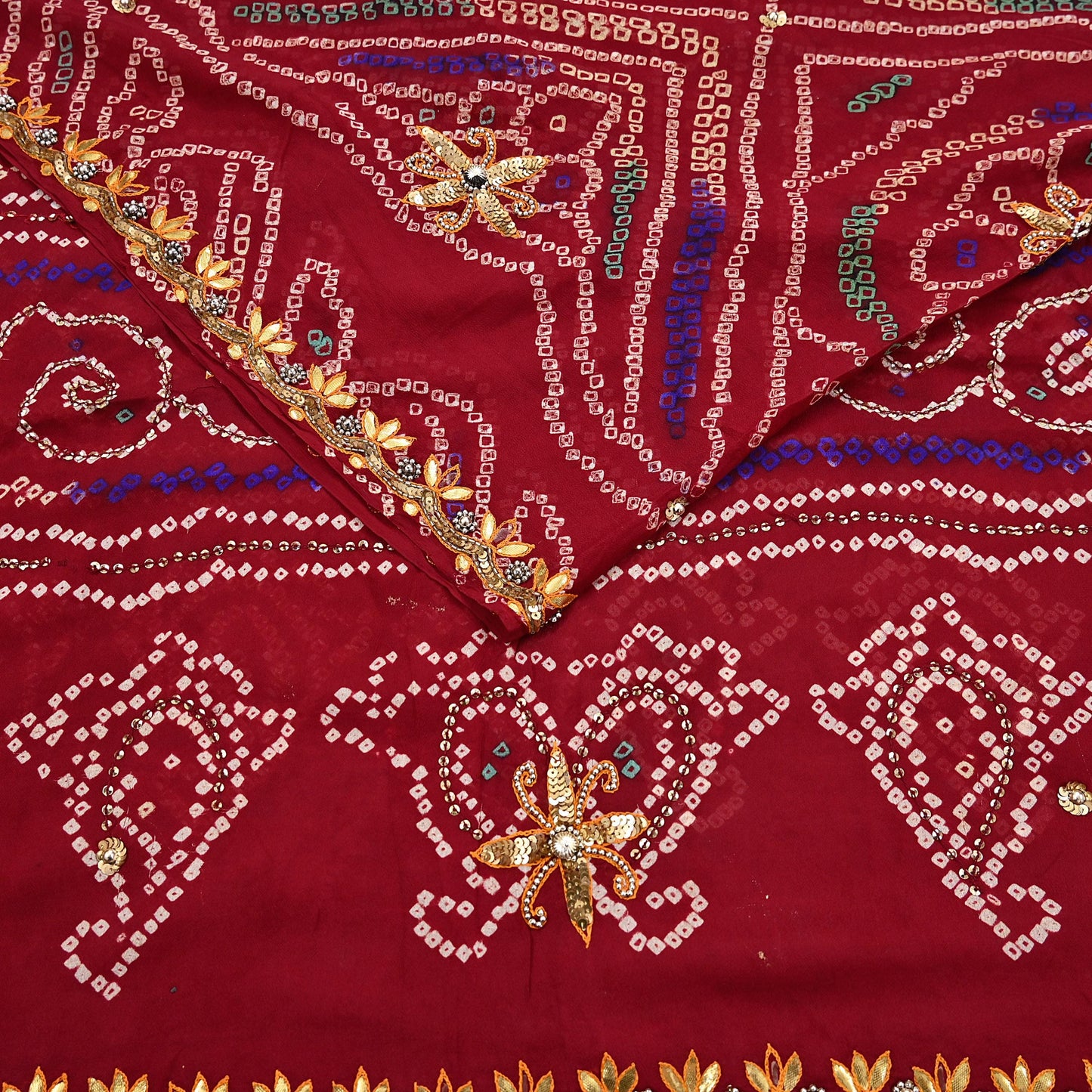 Indian Vintage Red Saree Pure Silk Hand Embroidered Bandhani Printed Sari Craft Fabric 5yd Soft Sequins Dress making Crafting Quilting