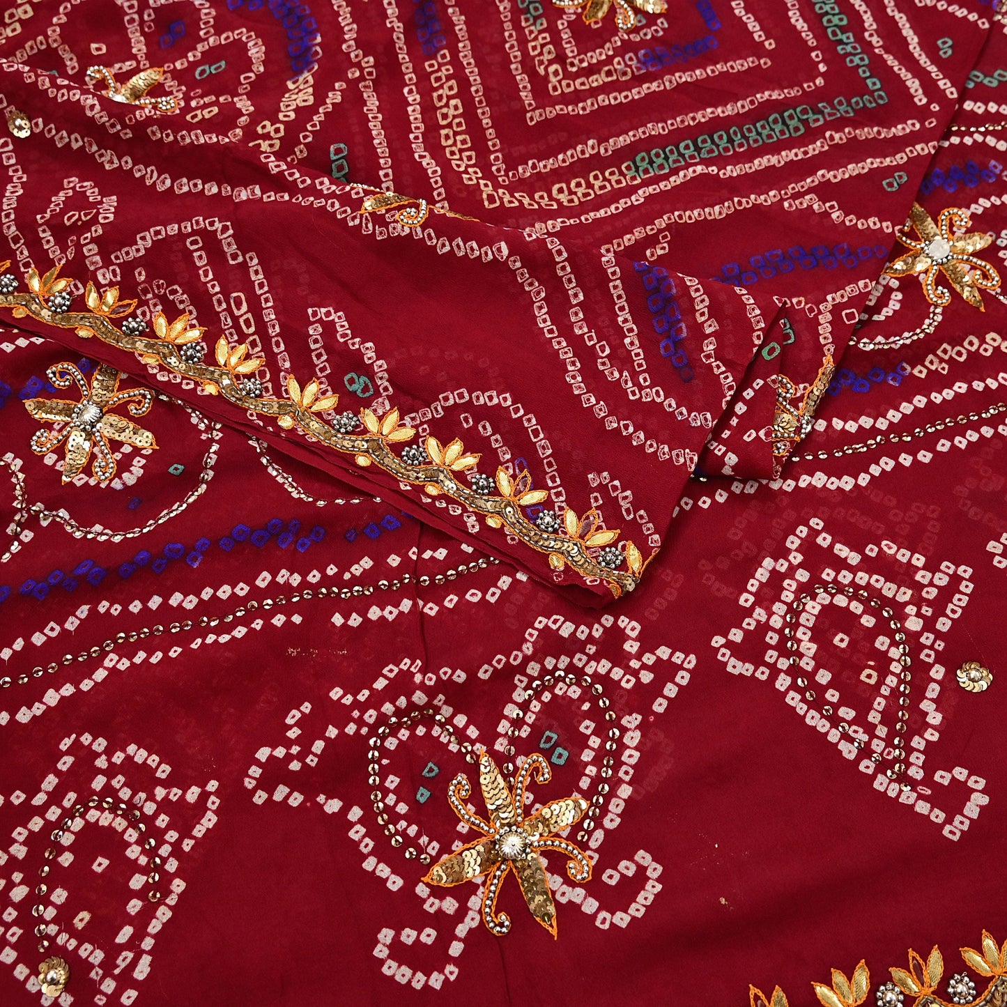 Indian Vintage Red Saree Pure Silk Hand Embroidered Bandhani Printed Sari Craft Fabric 5yd Soft Sequins Dress making Crafting Quilting
