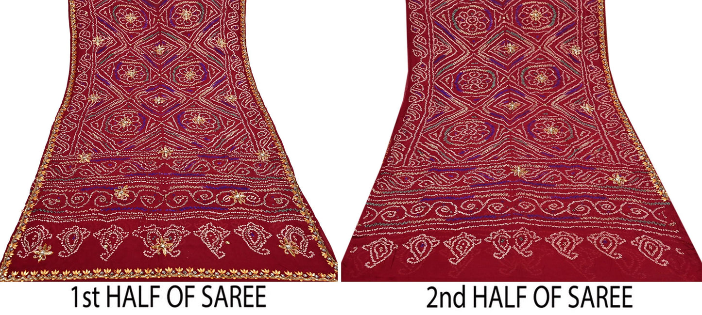 Indian Vintage Red Saree Pure Silk Hand Embroidered Bandhani Printed Sari Craft Fabric 5yd Soft Sequins Dress making Crafting Quilting