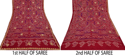 Indian Vintage Red Saree Pure Silk Hand Embroidered Bandhani Printed Sari Craft Fabric 5yd Soft Sequins Dress making Crafting Quilting