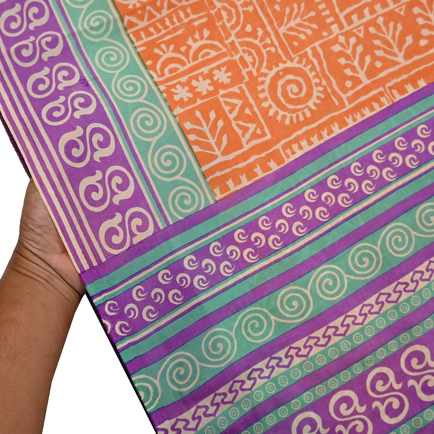 Indian Vintage Sari Orange & Purple Pure Silk warli Printed Saree 5yd Sewing Paisley Craft Fabric DressMaking Soft Used Upcycled