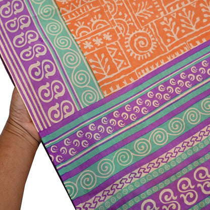 Indian Vintage Sari Orange & Purple Pure Silk warli Printed Saree 5yd Sewing Paisley Craft Fabric DressMaking Soft Used Upcycled